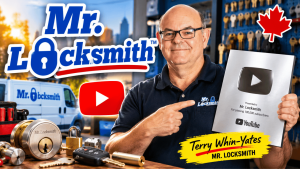 erry Whin-Yates holding the Mr. Locksmith YouTube Silver Creator Award plaque for passing 100,000 subscribers